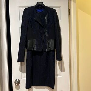 NWT Tahari Cobalt Blue and Black lace with vegan leather dress suit Moro jacket